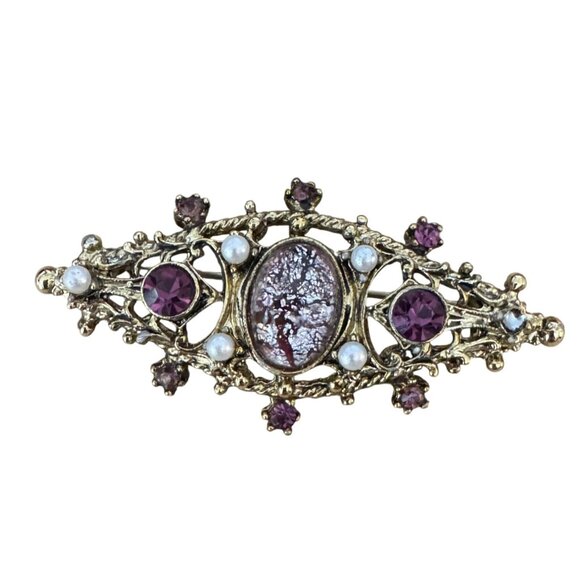 Vintage Edwardian Brooch Amethyst Rhinestones Foil Center Tube Closure Gold Tone - Picture 3 of 9